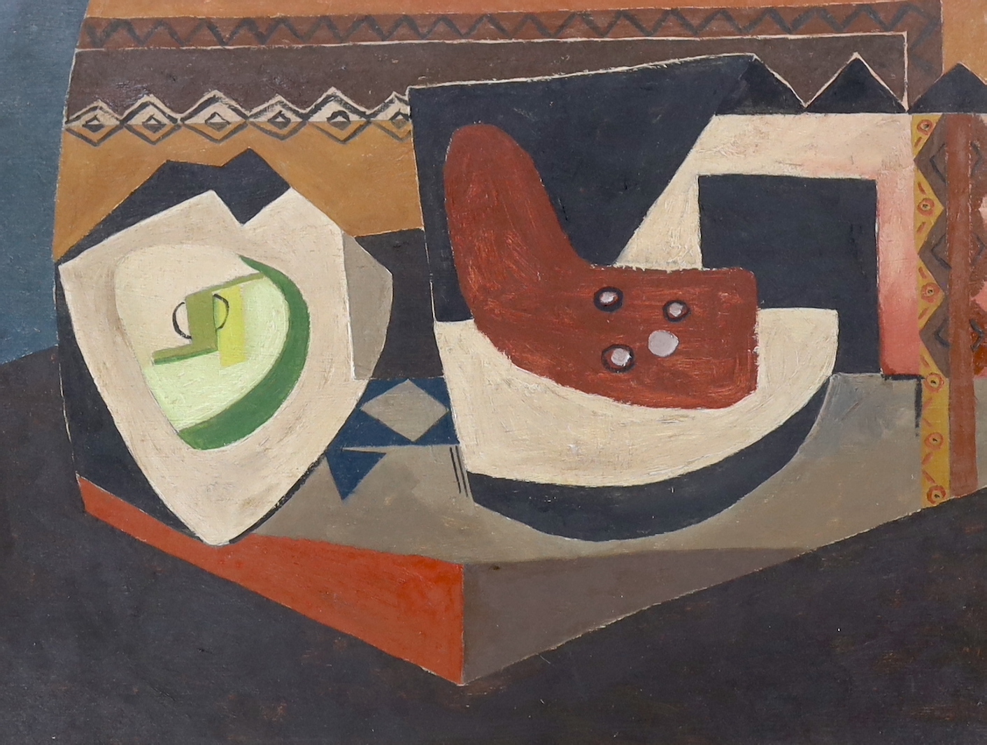 After Pablo Picasso, abstract oil on board, Geometric shapes and motifs, 44 x 34cm